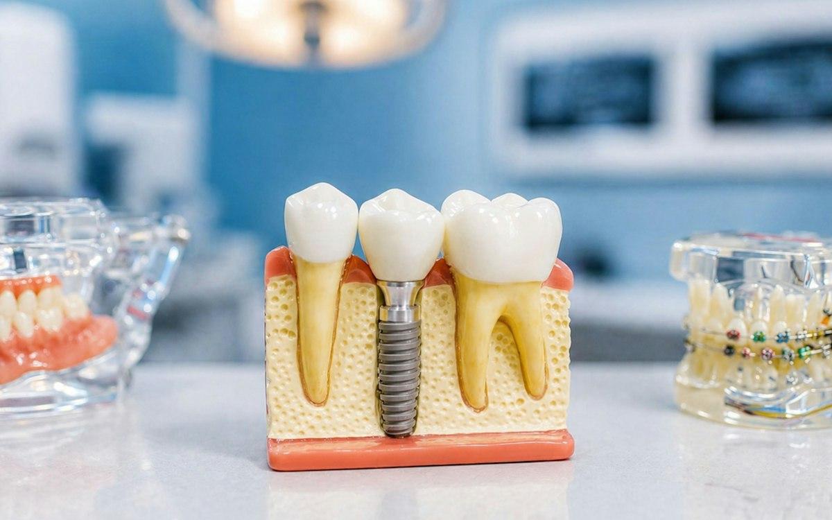 Çene kemiğine yerleştirilmiş implantı gösteren diş modeli
